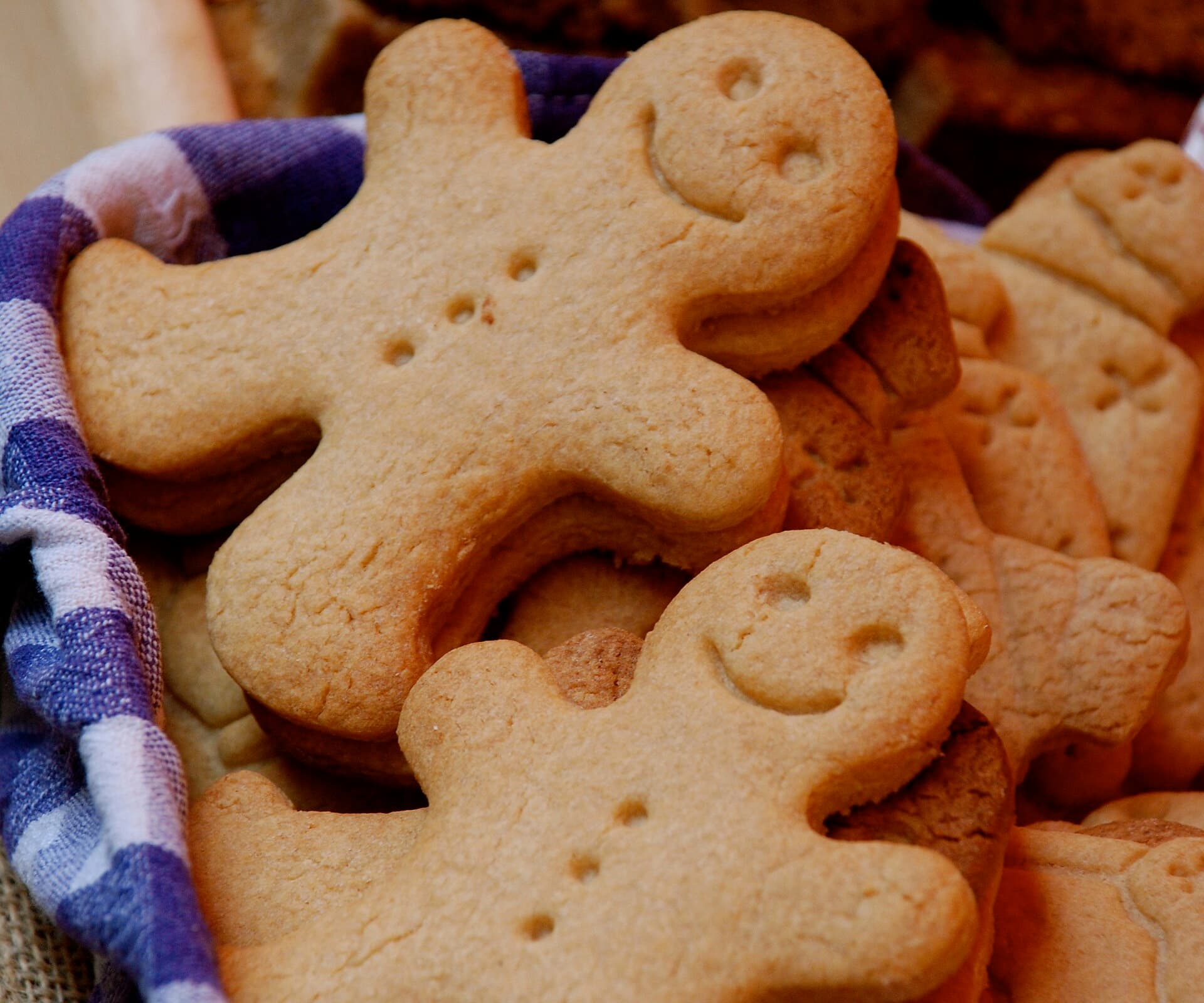 Zwei lächelnde Gingerbread Men, also Lebkuchenmänner auf Englisch, in einem Korb mit lila kariertem Tuch