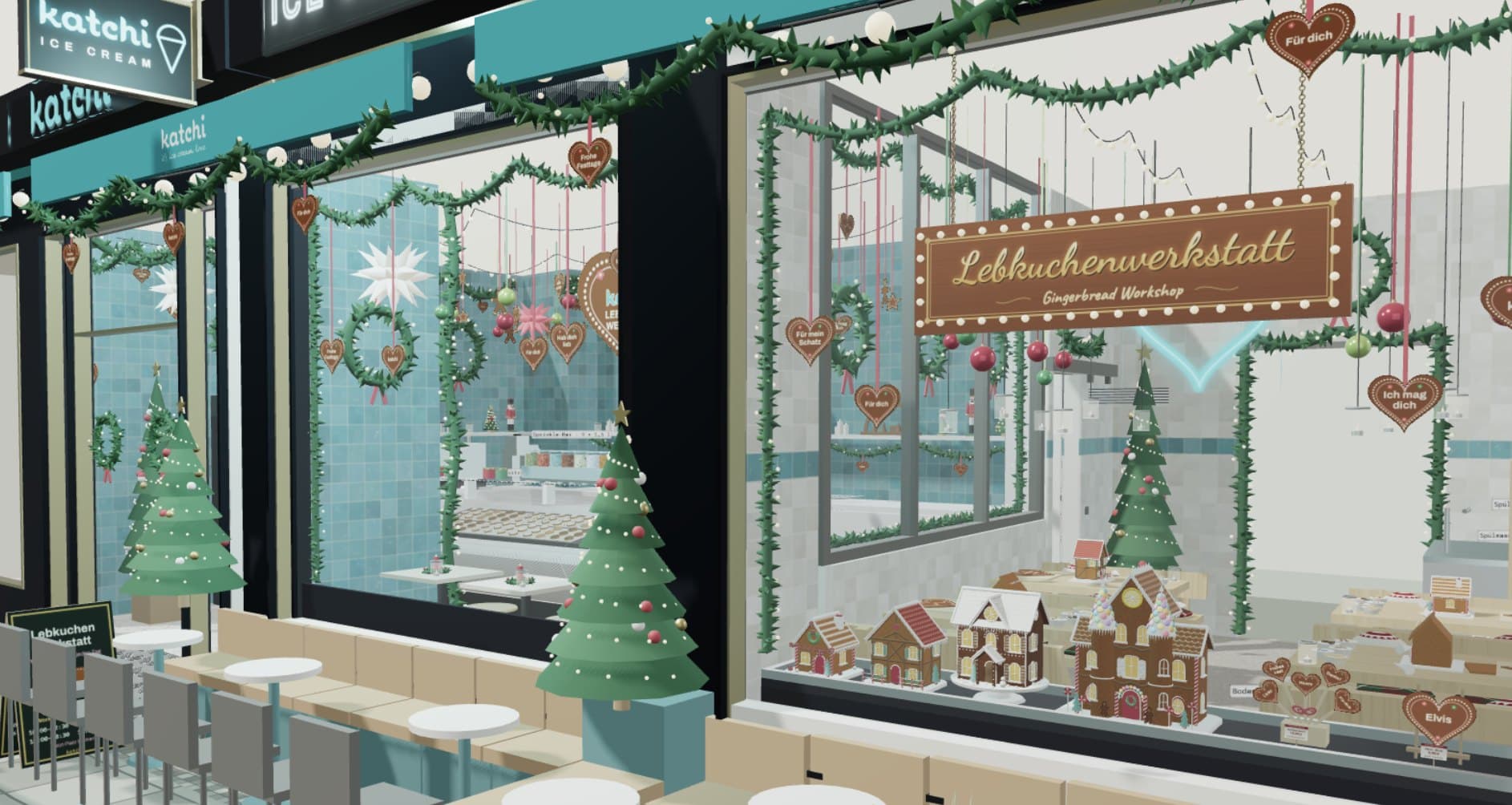 Visualisierung: Die winterlich geschmückte Ladenfront von Katchi am Ku’damm mit Tannen, Girlanden und dem Schild Lebkuchenwerkstatt im Schaufenster
