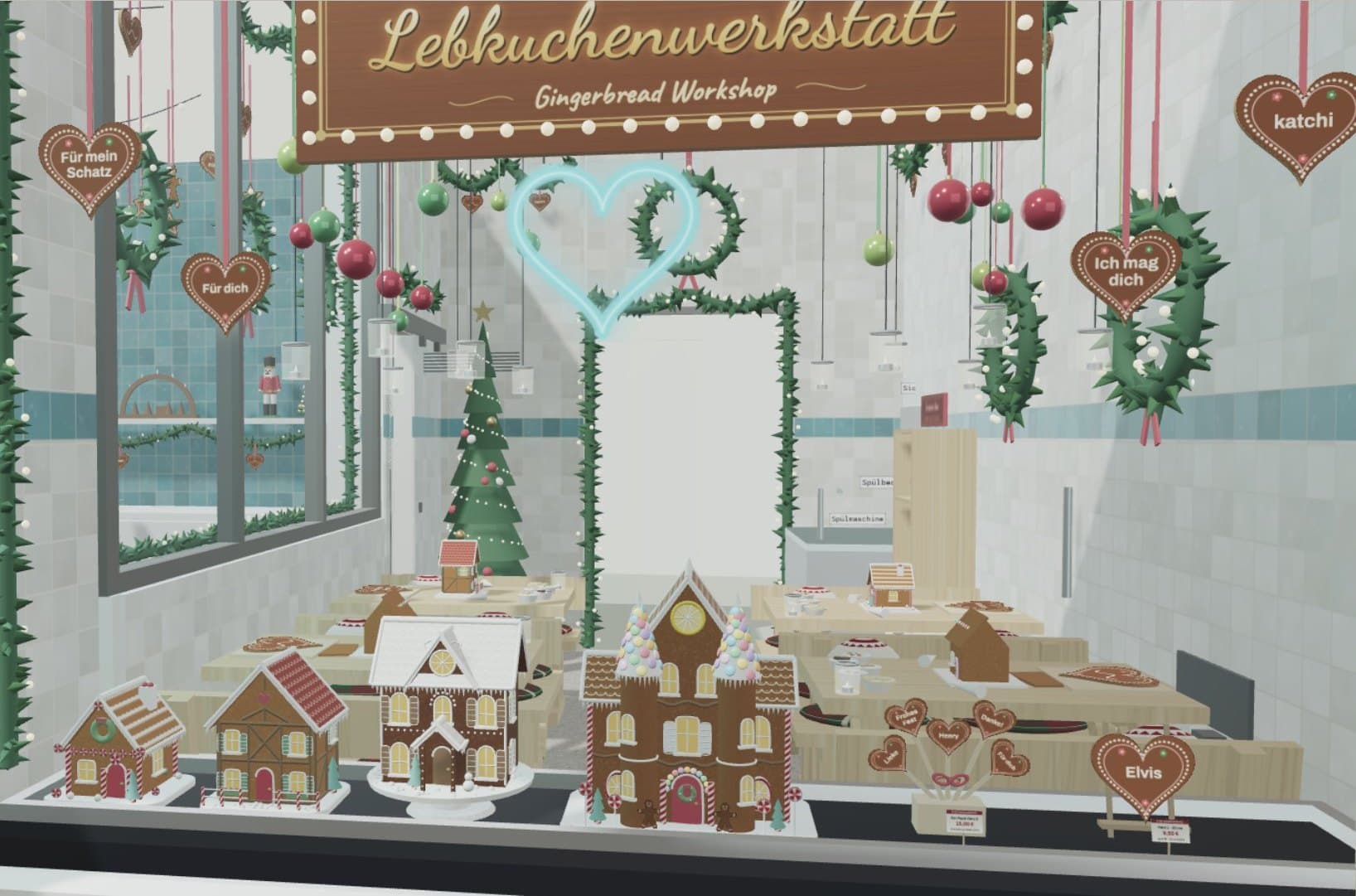 Visualisierung: Blick ins Schaufenster auf verzierte Lebkuchenhäuser und Herzen, dahinter die Werkstatttische