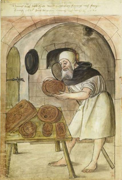 Lebküchner um 1520: Ein alter Bäcker mit weißem Bart hält einen runden Lebkuchen, auf dem Tisch liegen weitere mit Modeln geprägte Lebkuchen