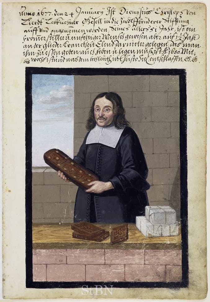 Der Lebküchner-Geselle Dionysius von Lierdt 1677 mit einem langen, mit Mandeln belegten Lebkuchen in der Hand