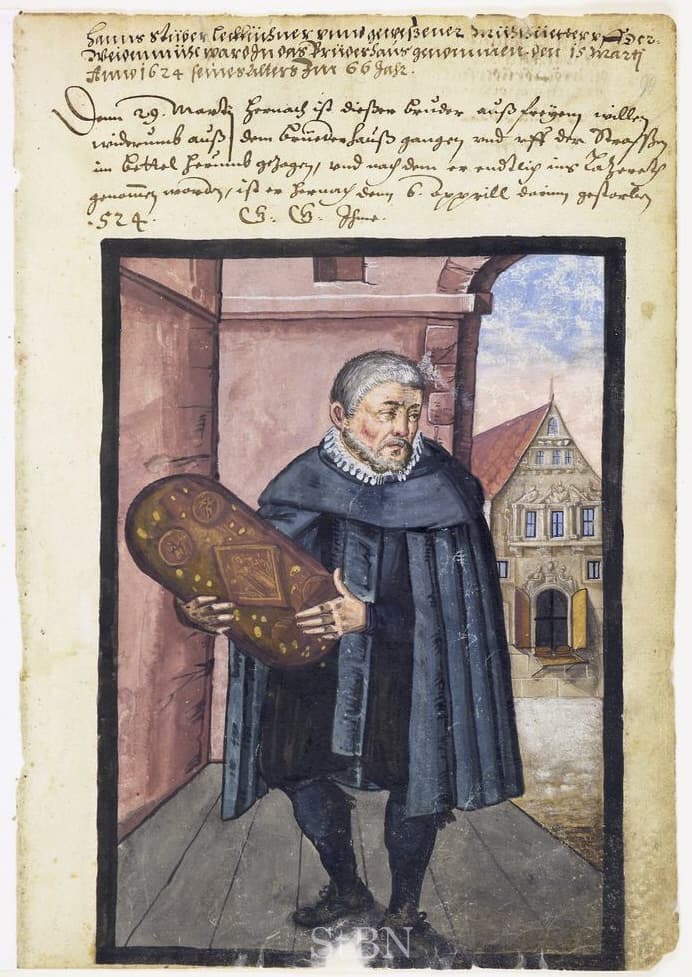 Der Nürnberger Lebküchner Hanns Stüber im Jahr 1624 mit einem großen, verzierten Lebkuchen im Arm