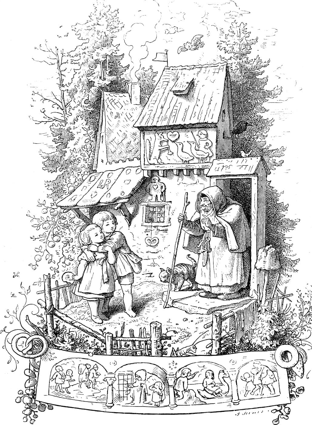 Zeichnung von Ludwig Richter: Hänsel und Gretel vor dem Hexenhaus, die Hexe steht in der Tür